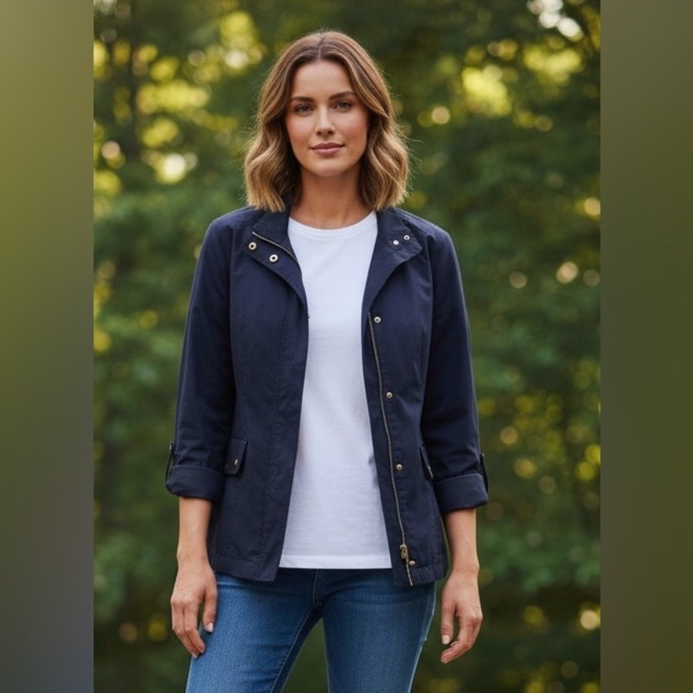 Charter Club dark blue light jacket, side pockets, gold tone buttons, M